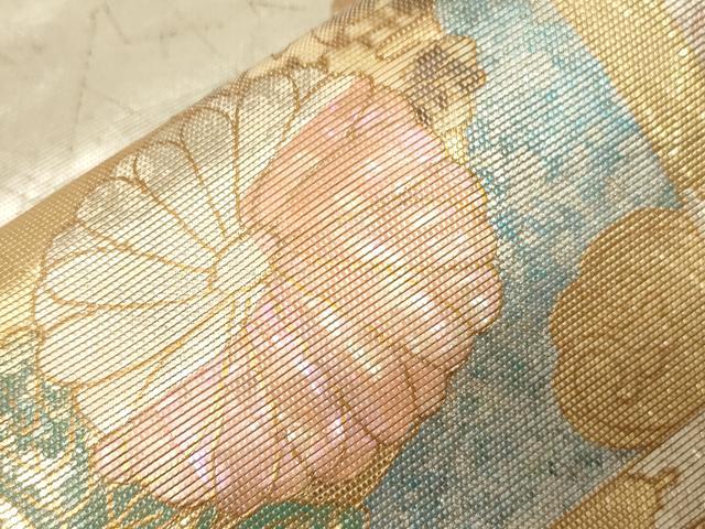 平和屋着物▼太鼓柄袋帯　螺鈿箔　尾長鳥花丸文　金銀糸　正絹　逸品　CABA8810dy