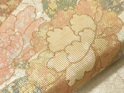 平和屋着物▼太鼓柄袋帯　螺鈿箔　尾長鳥花丸文　金銀糸　正絹　逸品　CABA8810dy