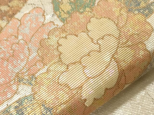 平和屋着物▼太鼓柄袋帯　螺鈿箔　尾長鳥花丸文　金銀糸　正絹　逸品　CABA8810dy