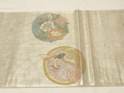 平和屋着物▼太鼓柄袋帯　螺鈿箔　尾長鳥花丸文　金銀糸　正絹　逸品　CABA8810dy