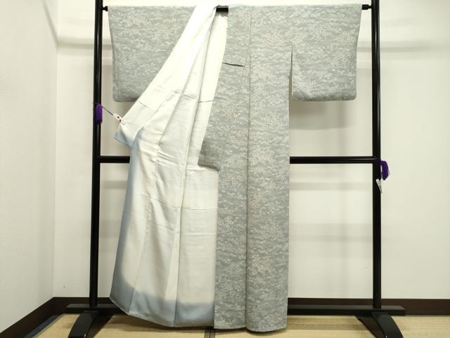 平和屋着物○上質な小紋 型染め 流水草花文 鬼しぼ縮緬 正絹