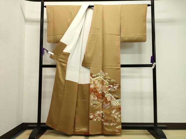平和屋着物●豪華色留袖　駒刺繍　松竹梅御所車花文　金彩　正絹　逸品　CABA8856dy