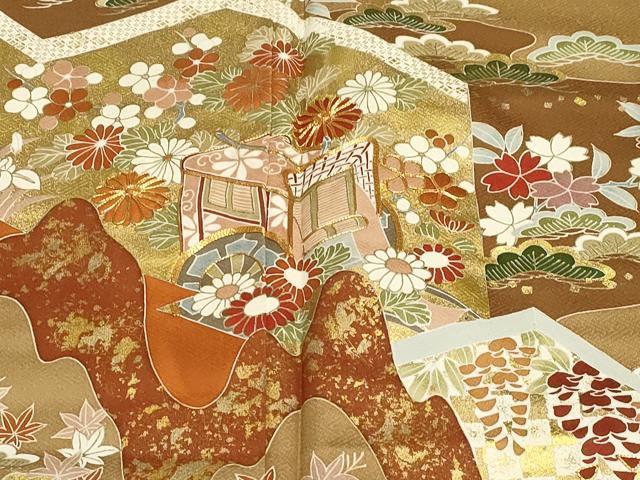 平和屋着物●豪華色留袖　駒刺繍　松竹梅御所車花文　金彩　正絹　逸品　CABA8856dy