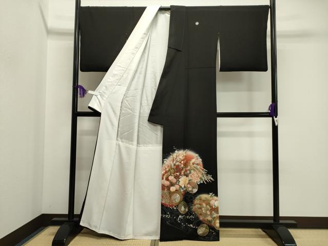 平和屋着物●伝統工芸士　村井紀夫　黒留袖　流水尾長鳥花丸文　暈し染め　金銀彩　正絹　逸品　CABA8857dy