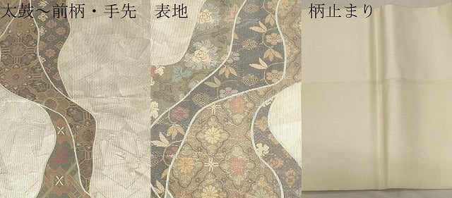 平和屋着物▽六通柄袋帯 螺鈿箔 流水更紗花文 引箔 正絹