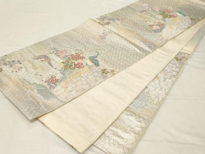 平和屋着物▼六通柄袋帯　孔雀草花文　金銀糸　正絹　逸品　CABA8921dy