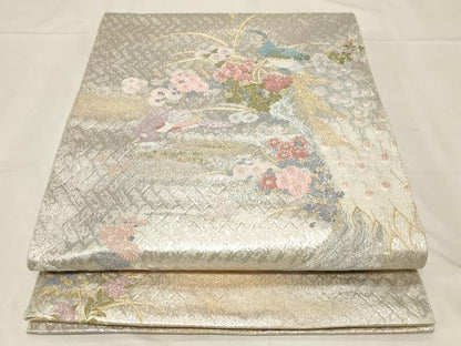 平和屋着物▼六通柄袋帯　孔雀草花文　金銀糸　正絹　逸品　CABA8921dy