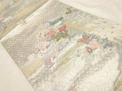 平和屋着物▼六通柄袋帯　孔雀草花文　金銀糸　正絹　逸品　CABA8921dy