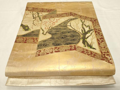 平和屋着物▼太鼓柄袋帯　屏風流水枝花文　金彩　正絹　逸品　CABA8924dy