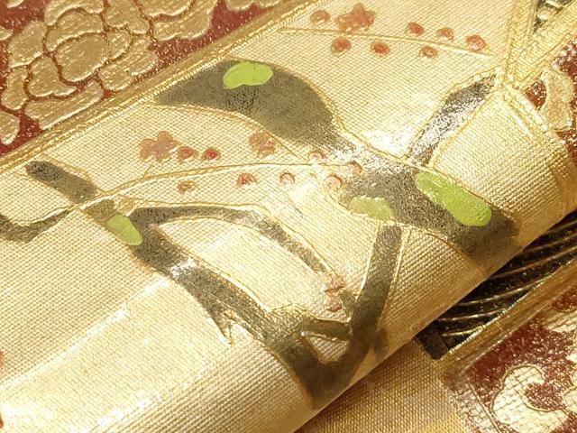 平和屋着物▼太鼓柄袋帯　屏風流水枝花文　金彩　正絹　逸品　CABA8924dy