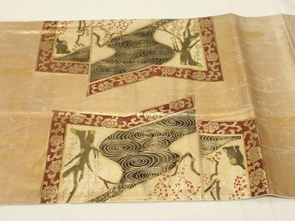 平和屋着物▼太鼓柄袋帯　屏風流水枝花文　金彩　正絹　逸品　CABA8924dy