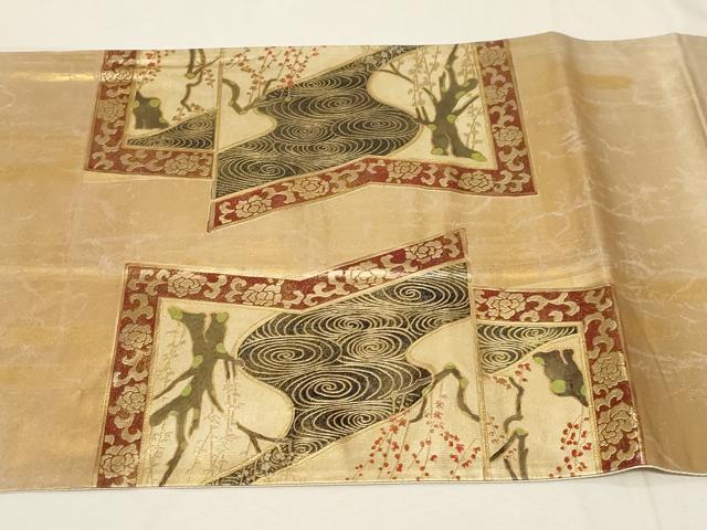 平和屋着物▼太鼓柄袋帯　屏風流水枝花文　金彩　正絹　逸品　CABA8924dy