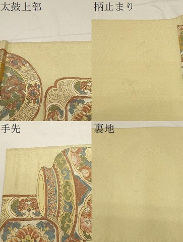 平和屋着物▼六通柄袋帯　陶器花文　金糸　正絹　逸品　CABA8929dy