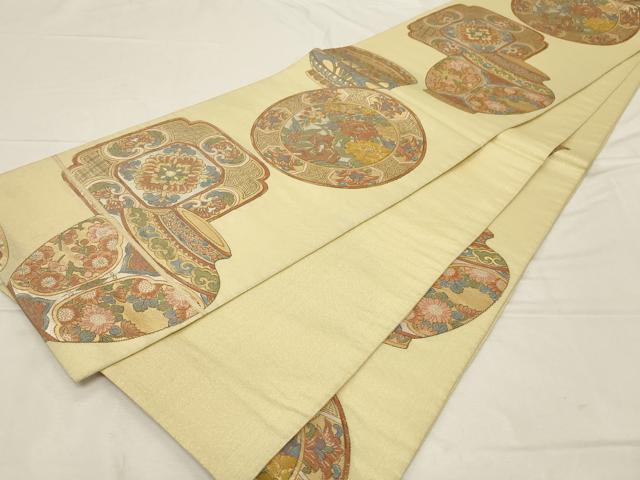 平和屋着物▼六通柄袋帯　陶器花文　金糸　正絹　逸品　CABA8929dy