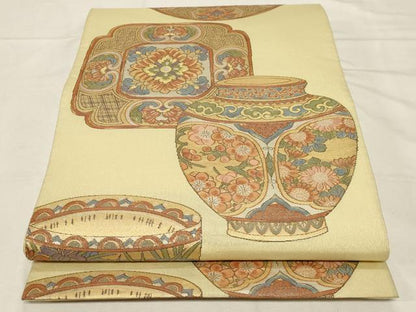 平和屋着物▼六通柄袋帯　陶器花文　金糸　正絹　逸品　CABA8929dy