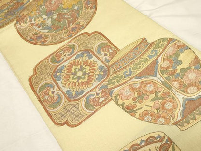 平和屋着物▼六通柄袋帯　陶器花文　金糸　正絹　逸品　CABA8929dy