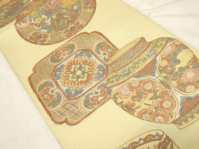 平和屋着物▼六通柄袋帯　陶器花文　金糸　正絹　逸品　CABA8929dy