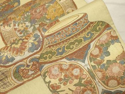 平和屋着物▼六通柄袋帯　陶器花文　金糸　正絹　逸品　CABA8929dy