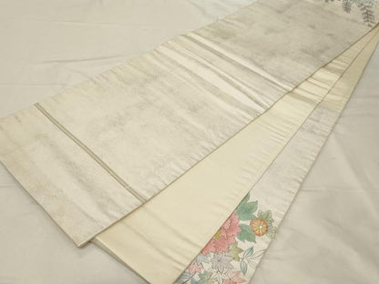 平和屋着物▼太鼓柄袋帯 手描き 尾長鳥花文 引箔 正絹 逸品 CABA9005dy