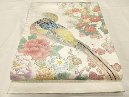 平和屋着物▼太鼓柄袋帯 手描き 尾長鳥花文 引箔 正絹 逸品 CABA9005dy