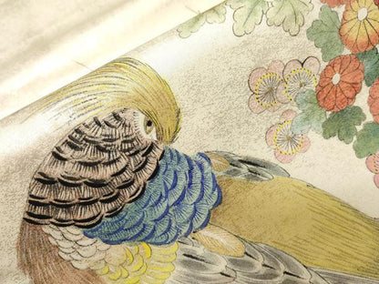 平和屋着物▼太鼓柄袋帯 手描き 尾長鳥花文 引箔 正絹 逸品 CABA9005dy