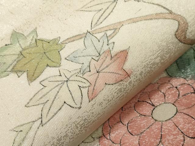 平和屋着物▼太鼓柄袋帯 手描き 尾長鳥花文 引箔 正絹 逸品 CABA9005dy