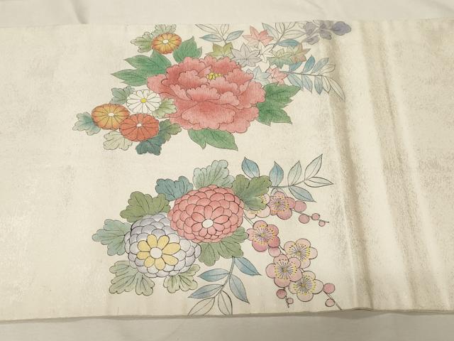 平和屋着物▼太鼓柄袋帯 手描き 尾長鳥花文 引箔 正絹 逸品 CABA9005dy