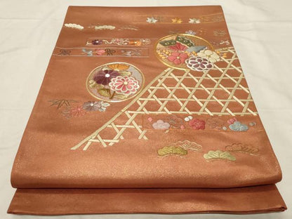 平和屋着物▼太鼓柄袋帯　総刺繍　駒刺繍　松竹梅花蝶丸文　金彩　正絹　逸品　CABA9039dy