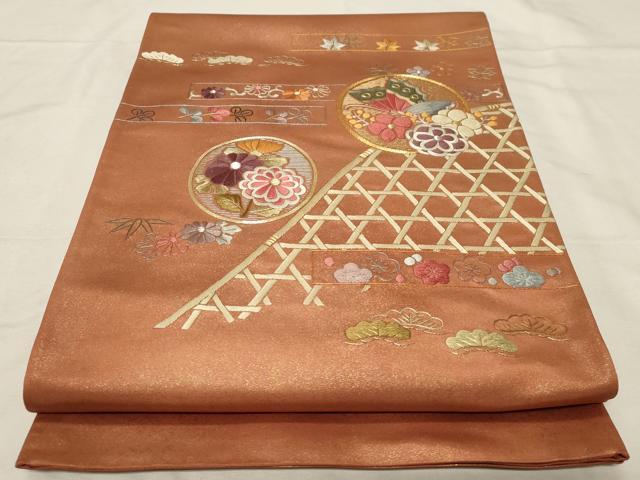 平和屋着物▼太鼓柄袋帯　総刺繍　駒刺繍　松竹梅花蝶丸文　金彩　正絹　逸品　CABA9039dy