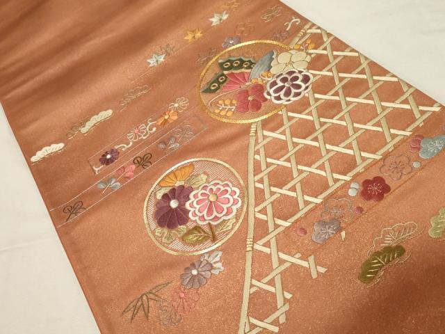 平和屋着物▼太鼓柄袋帯　総刺繍　駒刺繍　松竹梅花蝶丸文　金彩　正絹　逸品　CABA9039dy