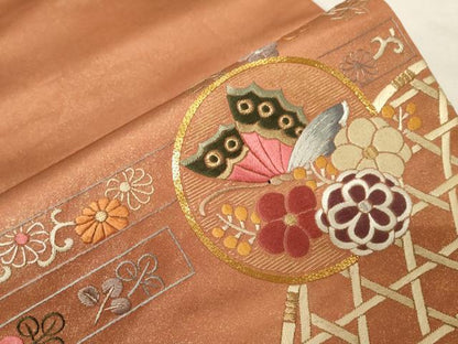 平和屋着物▼太鼓柄袋帯　総刺繍　駒刺繍　松竹梅花蝶丸文　金彩　正絹　逸品　CABA9039dy
