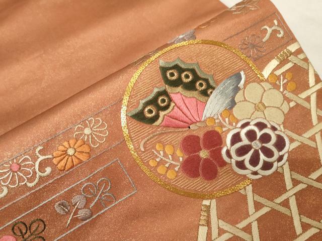 平和屋着物▼太鼓柄袋帯　総刺繍　駒刺繍　松竹梅花蝶丸文　金彩　正絹　逸品　CABA9039dy