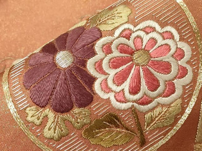 平和屋着物▼太鼓柄袋帯　総刺繍　駒刺繍　松竹梅花蝶丸文　金彩　正絹　逸品　CABA9039dy