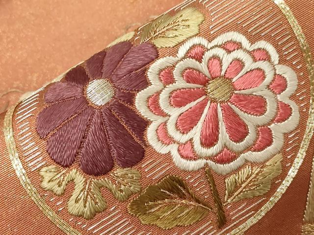 平和屋着物▼太鼓柄袋帯　総刺繍　駒刺繍　松竹梅花蝶丸文　金彩　正絹　逸品　CABA9039dy