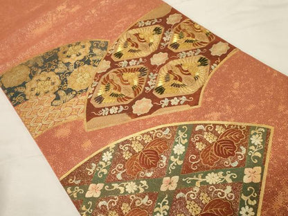 平和屋着物▼太鼓柄袋帯　駒刺繍　地紙花鳥文　金銀彩　正絹　逸品　CABA9045dy