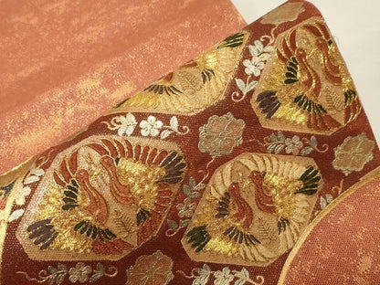 平和屋着物▼太鼓柄袋帯　駒刺繍　地紙花鳥文　金銀彩　正絹　逸品　CABA9045dy