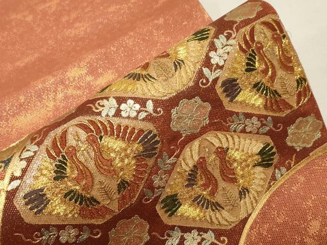 平和屋着物▼太鼓柄袋帯　駒刺繍　地紙花鳥文　金銀彩　正絹　逸品　CABA9045dy