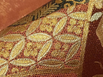 平和屋着物▼太鼓柄袋帯　駒刺繍　地紙花鳥文　金銀彩　正絹　逸品　CABA9045dy