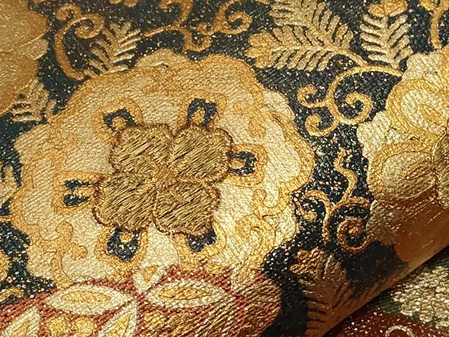 平和屋着物▼太鼓柄袋帯　駒刺繍　地紙花鳥文　金銀彩　正絹　逸品　CABA9045dy