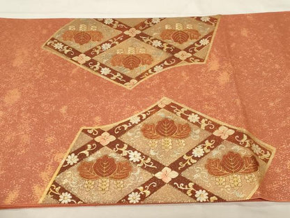 平和屋着物▼太鼓柄袋帯　駒刺繍　地紙花鳥文　金銀彩　正絹　逸品　CABA9045dy