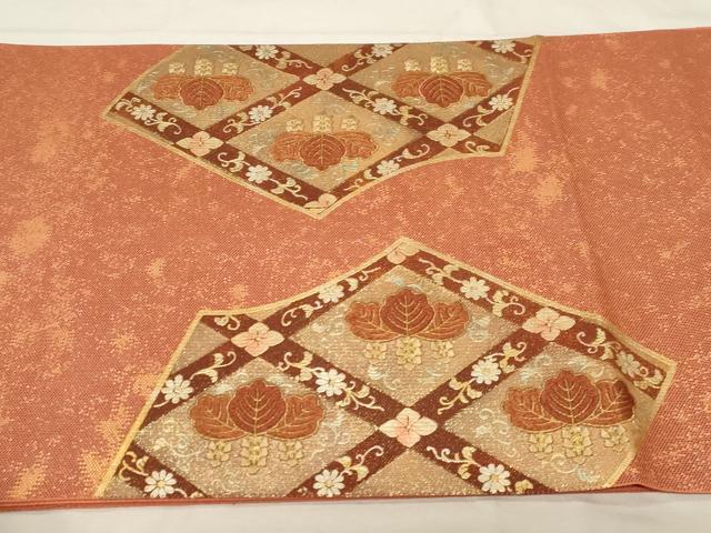 平和屋着物▼太鼓柄袋帯　駒刺繍　地紙花鳥文　金銀彩　正絹　逸品　CABA9045dy