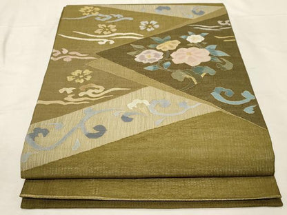 平和屋着物▽スリーシーズン 春夏秋 太鼓柄袋帯 すくい織 草花文 金糸 正絹 逸品 CABA9048dy
