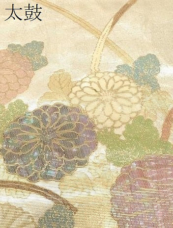 平和屋着物▼太鼓柄袋帯　螺鈿箔　草花文　金銀彩　正絹　逸品　CABA9053dy