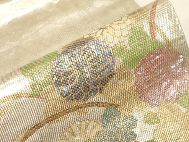 平和屋着物▼太鼓柄袋帯　螺鈿箔　草花文　金銀彩　正絹　逸品　CABA9053dy