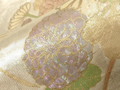 平和屋着物▼太鼓柄袋帯　螺鈿箔　草花文　金銀彩　正絹　逸品　CABA9053dy