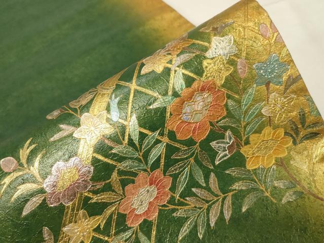 平和屋着物▼西陣　太鼓柄袋帯　籬草花文　創作工芸金彩螺鈿箔　正絹　逸品　CABA9057dy