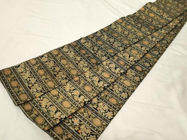 平和屋着物○半幅帯 紬地 更紗花鳥文 黒地 金彩 正絹 逸品 未