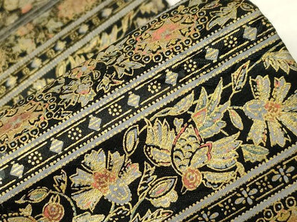 平和屋着物●半幅帯　紬地　更紗花鳥文　黒地　金彩　正絹　逸品　未使用　CABA9116dy