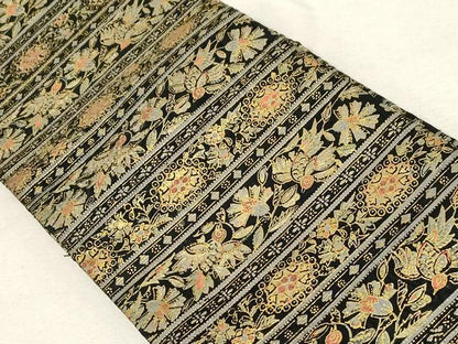 平和屋着物●半幅帯　紬地　更紗花鳥文　黒地　金彩　正絹　逸品　未使用　CABA9116dy