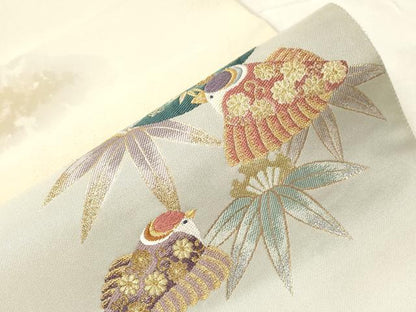 平和屋着物●六通柄袋帯　吉祥福良雀　金銀糸　研ぎ出し引箔　正絹　逸品　CABA9124dy